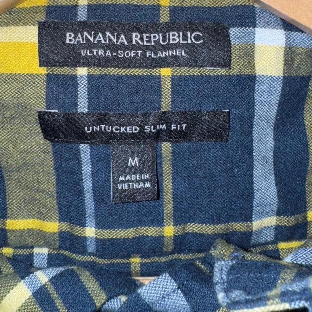 BANANA REPUBLIC Plaid Button Down Shirt Mens Medium Flannel Untucked Slim Blue